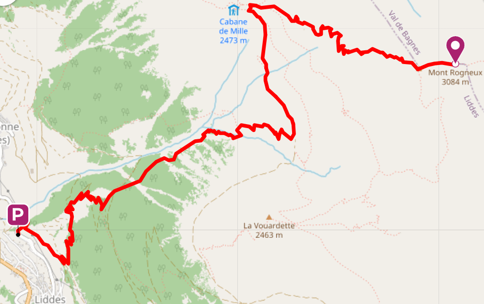 Tracé sur carte de la randonnée jusqu'au mont Rogneux depuis Liddes, près de Praz-de-Fort.