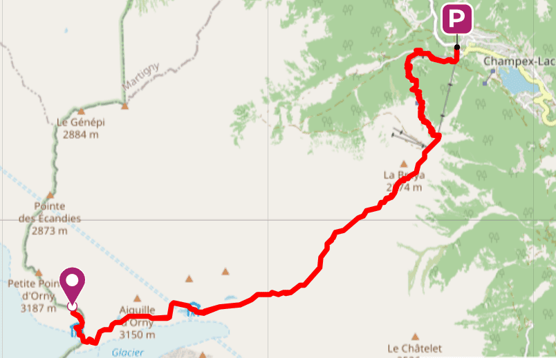 Map of the path to pointe d'Orny.