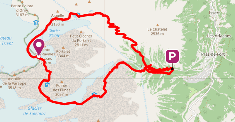 Map of the path to roc des Plines.