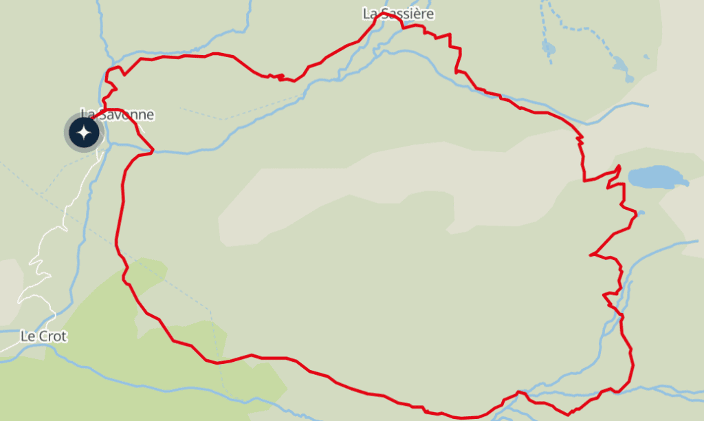 Tracé sur carte de la randonnée circulaire allant au col de Montséti et au lac Noir.
