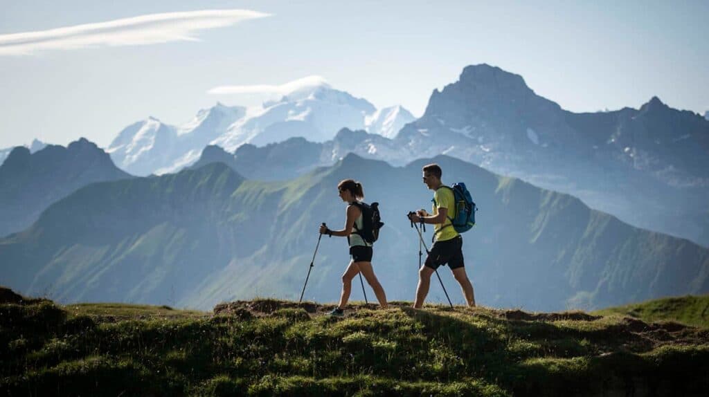 Deux randonneurs marchant avec des bâtons et montagnes en arrière-plan.
